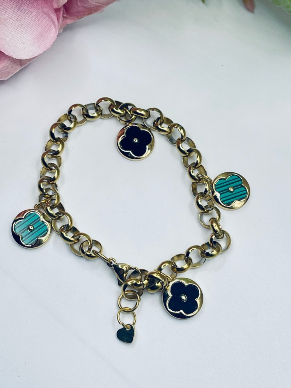 Gold stainless steel Chain Charm Bracelet with Black and Teal Flower Charms